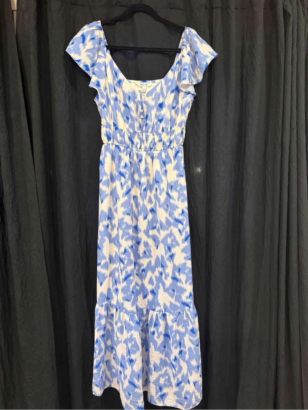 Nine West Blue & White Abstract Flutter Sleeve Maxi Dress Size M